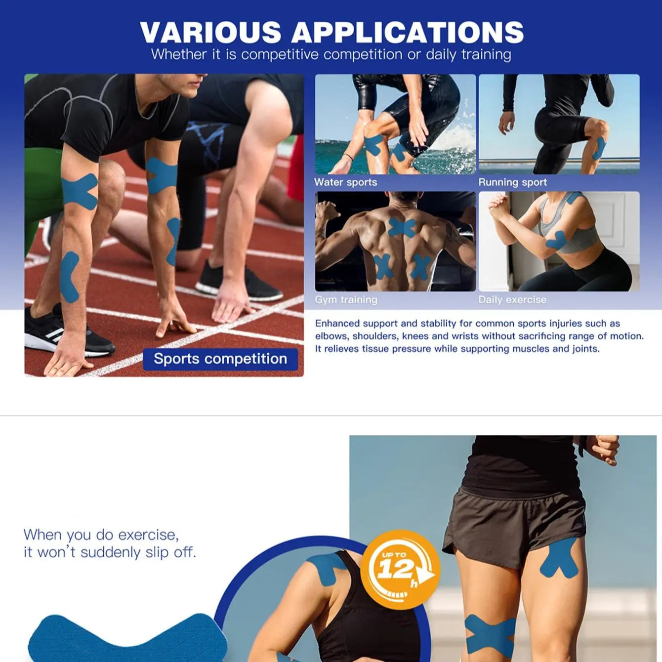 Kinesiology Tape, Muscle Support Elastic Athletic Sports Tape, Recovery Strong Grip Adhesive Tape for Knees, Joint, Shoulder