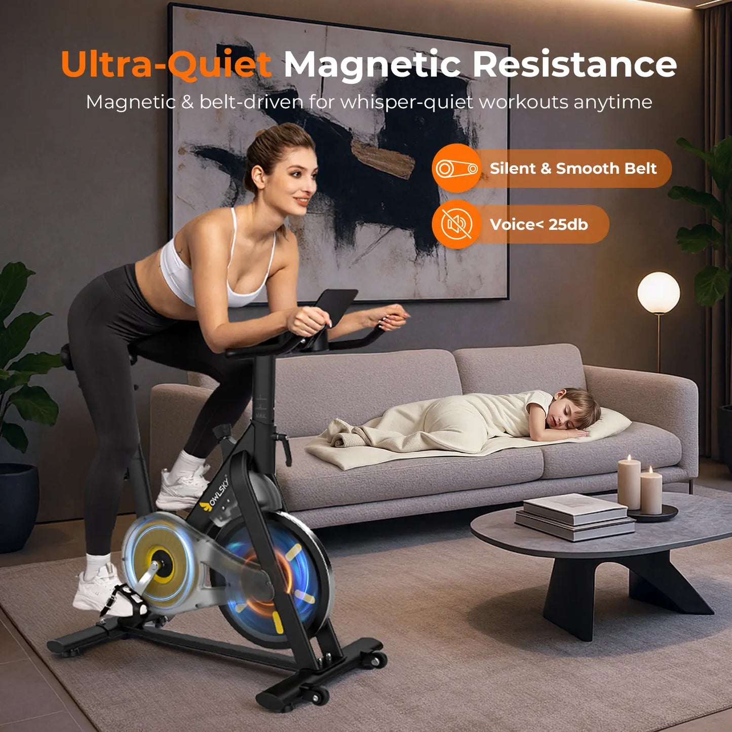 OWLSKY Magnetic Exercise Bike with Bluetooth | Smart Fitness Cycle Compatible with Zwift & Kinomap, 300LBS Capacity, Quiet Stationary Bike for Home Gym