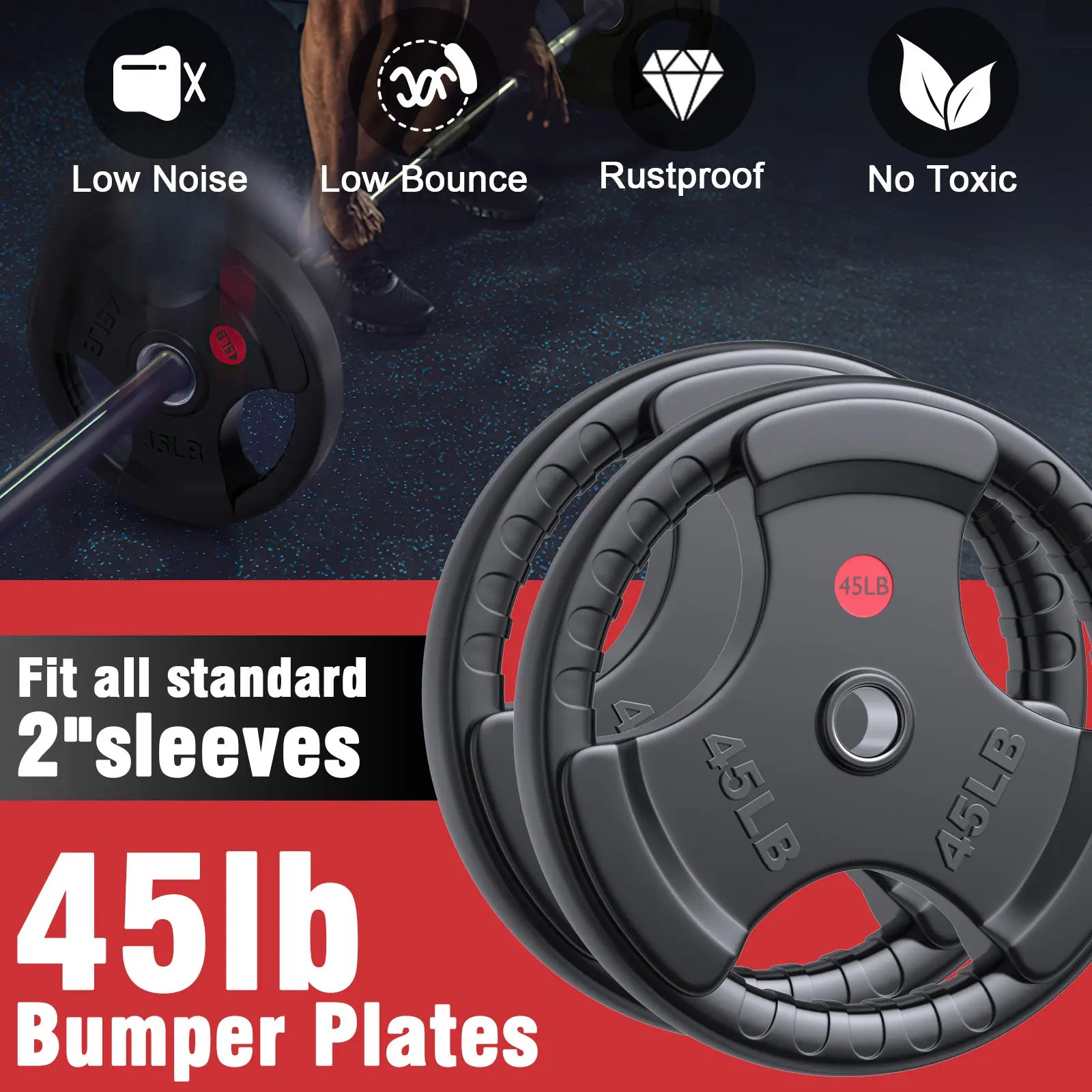 Hapsor Olympic Rubber Grip Plates 2-Inch Diameter 10LB-45LB for Secure Lifting Cast Iron Core Durable Rubber Shell Easy Grip for Home & Commercial Gyms