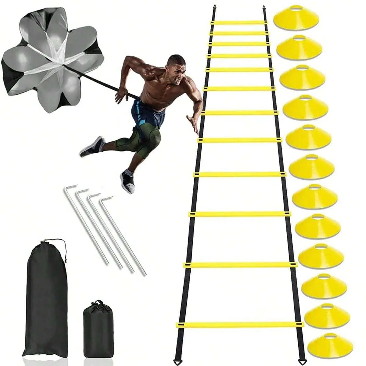 Pro Speed & Agility Training Set - Elevate Your Game with 12-Rung Adjustable Ladder, Disc Cones, Steel Stakes, and Resistance Parachute