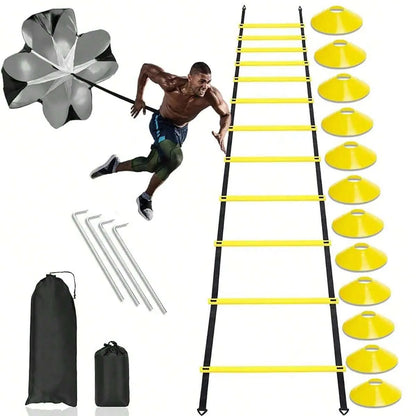 Pro Speed & Agility Training Set - Elevate Your Game with 12-Rung Adjustable Ladder, Disc Cones, Steel Stakes, and Resistance Parachute