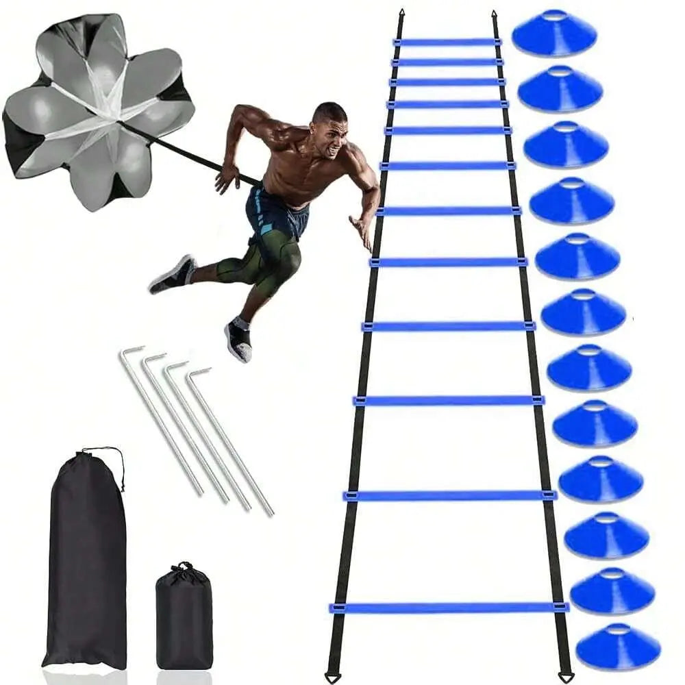 Pro Speed & Agility Training Set - Elevate Your Game with 12-Rung Adjustable Ladder, Disc Cones, Steel Stakes, and Resistance Parachute