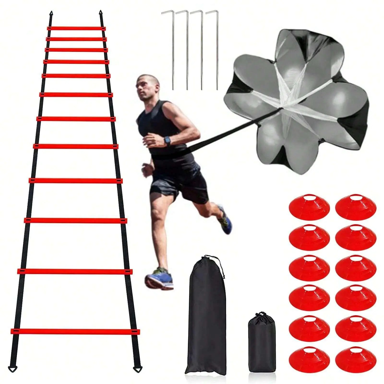 Pro Speed & Agility Training Set - Elevate Your Game with 12-Rung Adjustable Ladder, Disc Cones, Steel Stakes, and Resistance Parachute