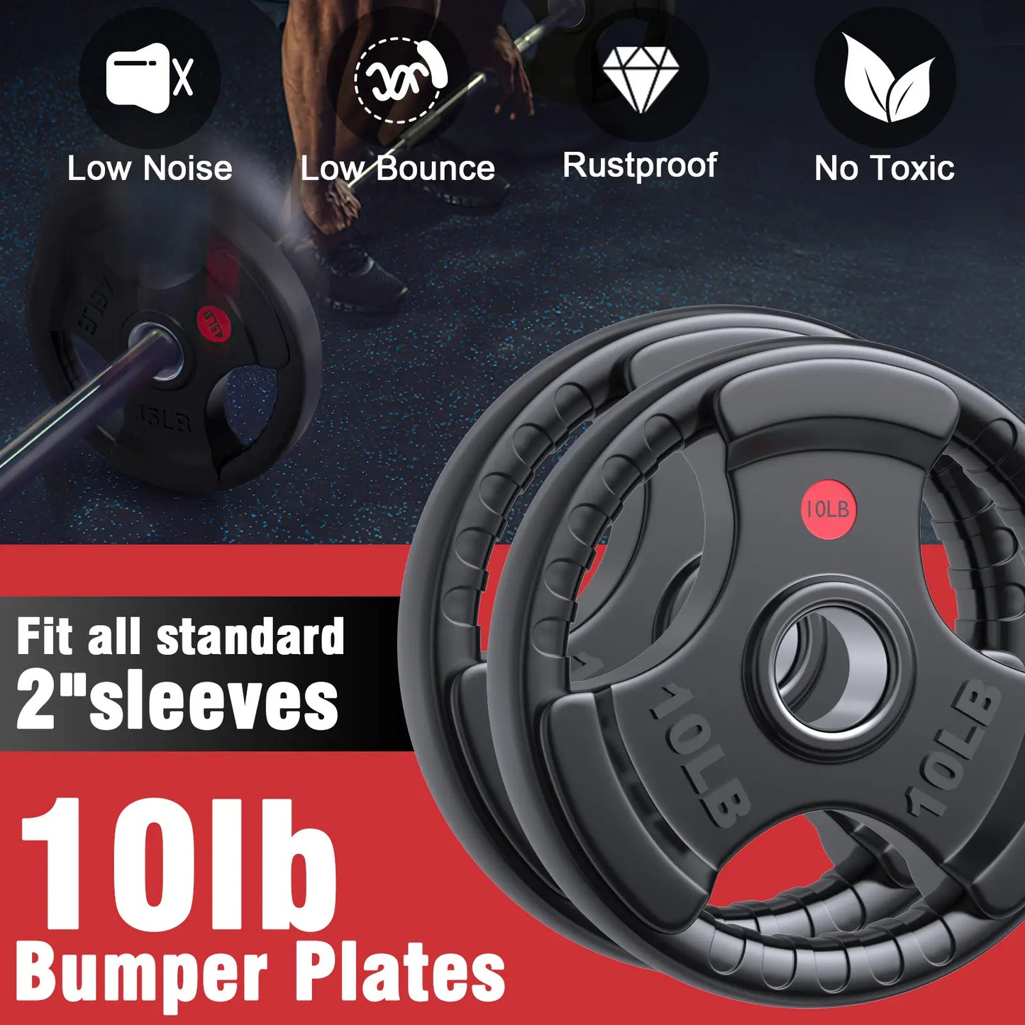 Hapsor Olympic Rubber Grip Plates 2-Inch Diameter 10LB-45LB for Secure Lifting Cast Iron Core Durable Rubber Shell Easy Grip for Home & Commercial Gyms