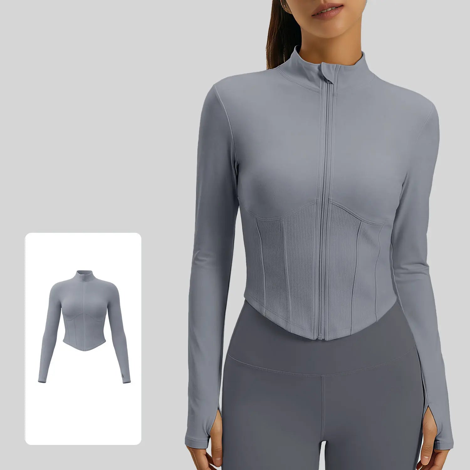 Xelle Women'S Full Zip Slim Fit Running Jacket - Stand Collar Workout Crop Top with Thumbholes and Contoured Ribbed Detail for Yoga & Gym