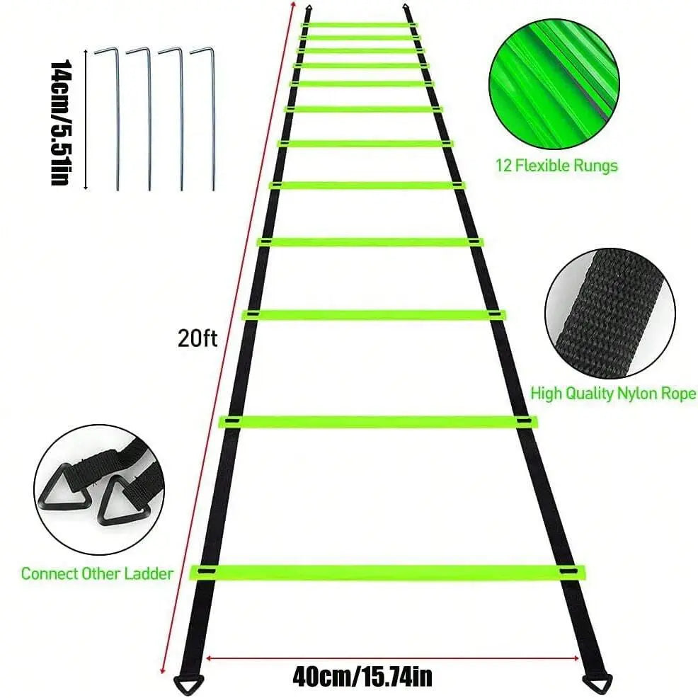 Pro Speed & Agility Training Set - Elevate Your Game with 12-Rung Adjustable Ladder, Disc Cones, Steel Stakes, and Resistance Parachute