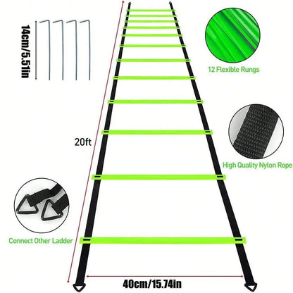 Pro Speed & Agility Training Set - Elevate Your Game with 12-Rung Adjustable Ladder, Disc Cones, Steel Stakes, and Resistance Parachute