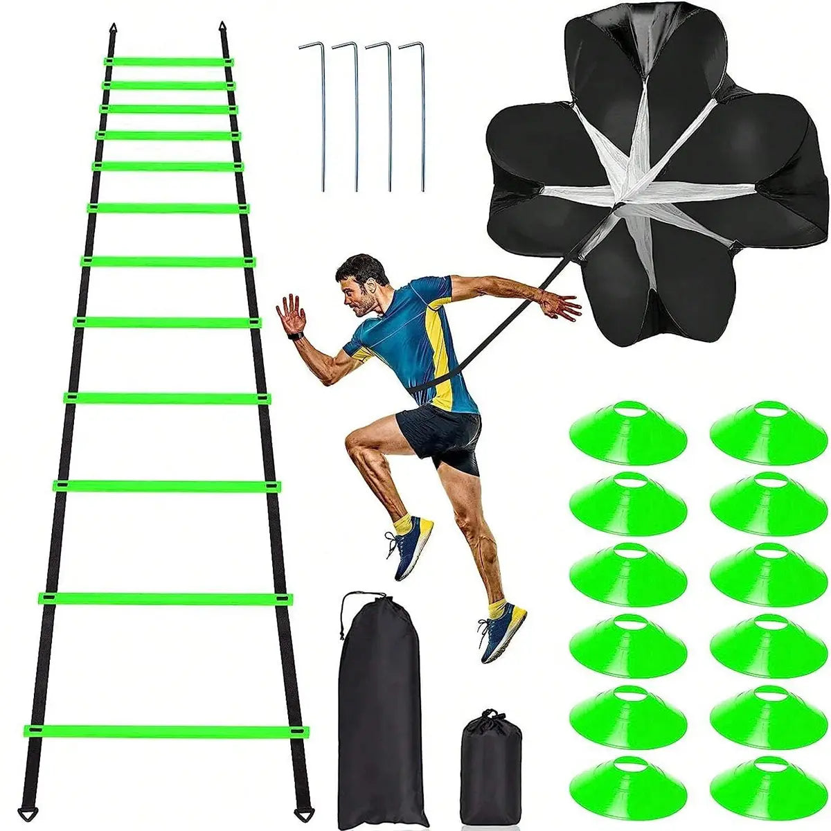 Pro Speed & Agility Training Set - Elevate Your Game with 12-Rung Adjustable Ladder, Disc Cones, Steel Stakes, and Resistance Parachute