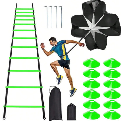 Pro Speed & Agility Training Set - Elevate Your Game with 12-Rung Adjustable Ladder, Disc Cones, Steel Stakes, and Resistance Parachute