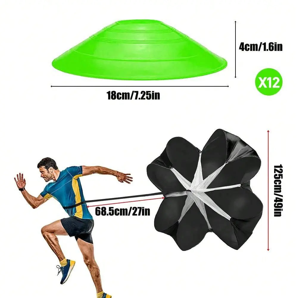 Pro Speed & Agility Training Set - Elevate Your Game with 12-Rung Adjustable Ladder, Disc Cones, Steel Stakes, and Resistance Parachute