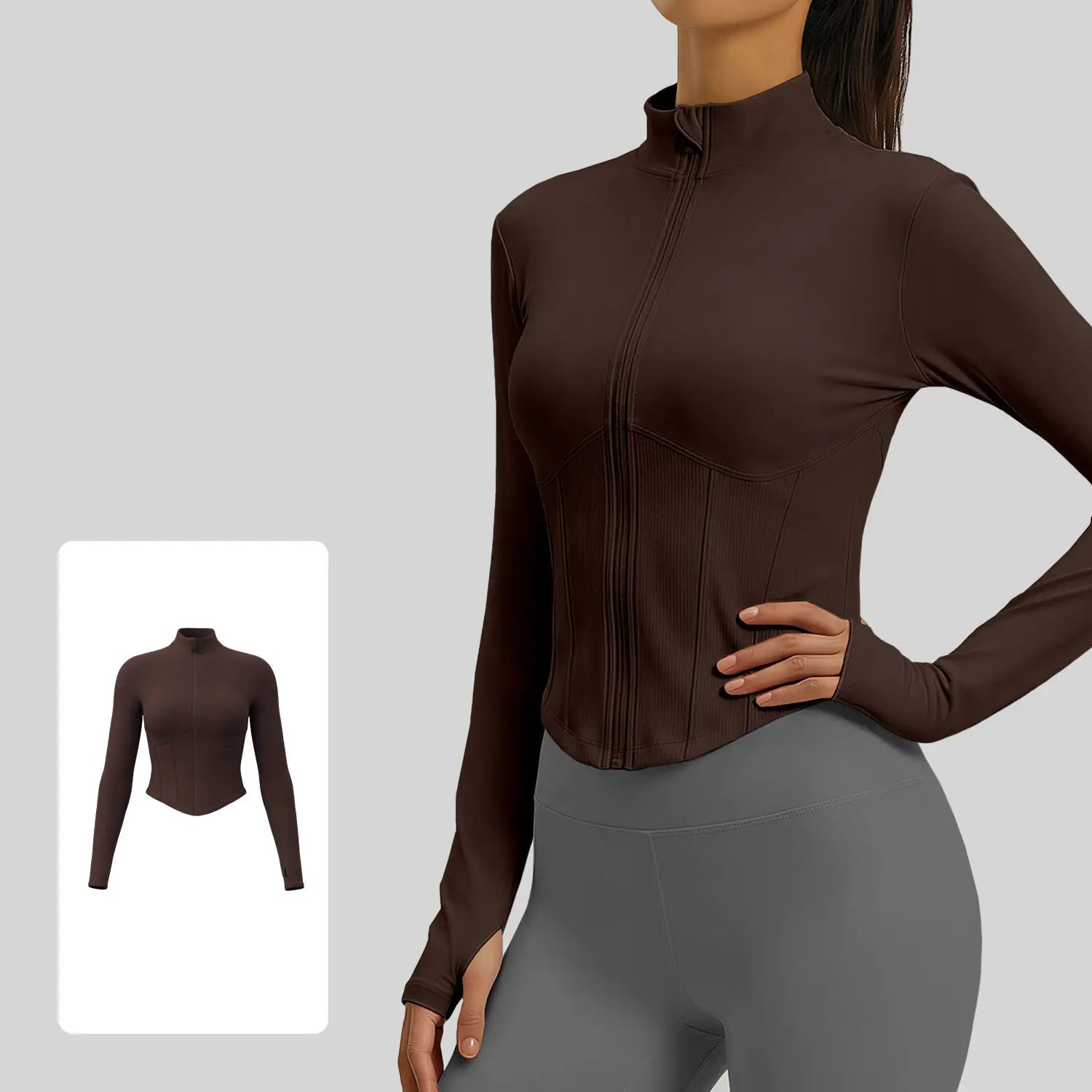 Xelle Women'S Full Zip Slim Fit Running Jacket - Stand Collar Workout Crop Top with Thumbholes and Contoured Ribbed Detail for Yoga & Gym