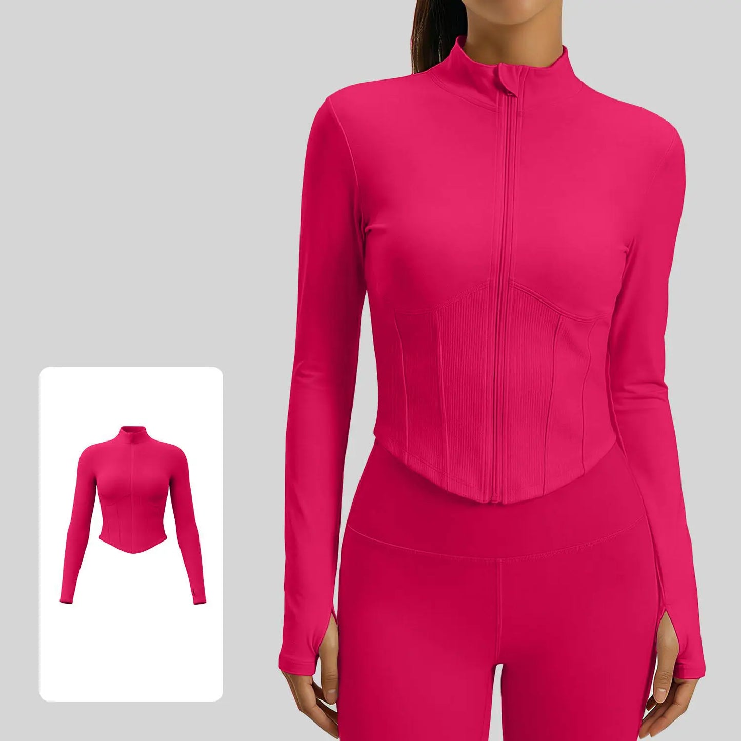 Xelle Women'S Full Zip Slim Fit Running Jacket - Stand Collar Workout Crop Top with Thumbholes and Contoured Ribbed Detail for Yoga & Gym