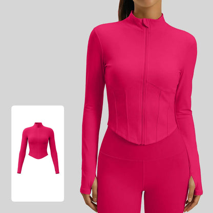 Xelle Women'S Full Zip Slim Fit Running Jacket - Stand Collar Workout Crop Top with Thumbholes and Contoured Ribbed Detail for Yoga & Gym