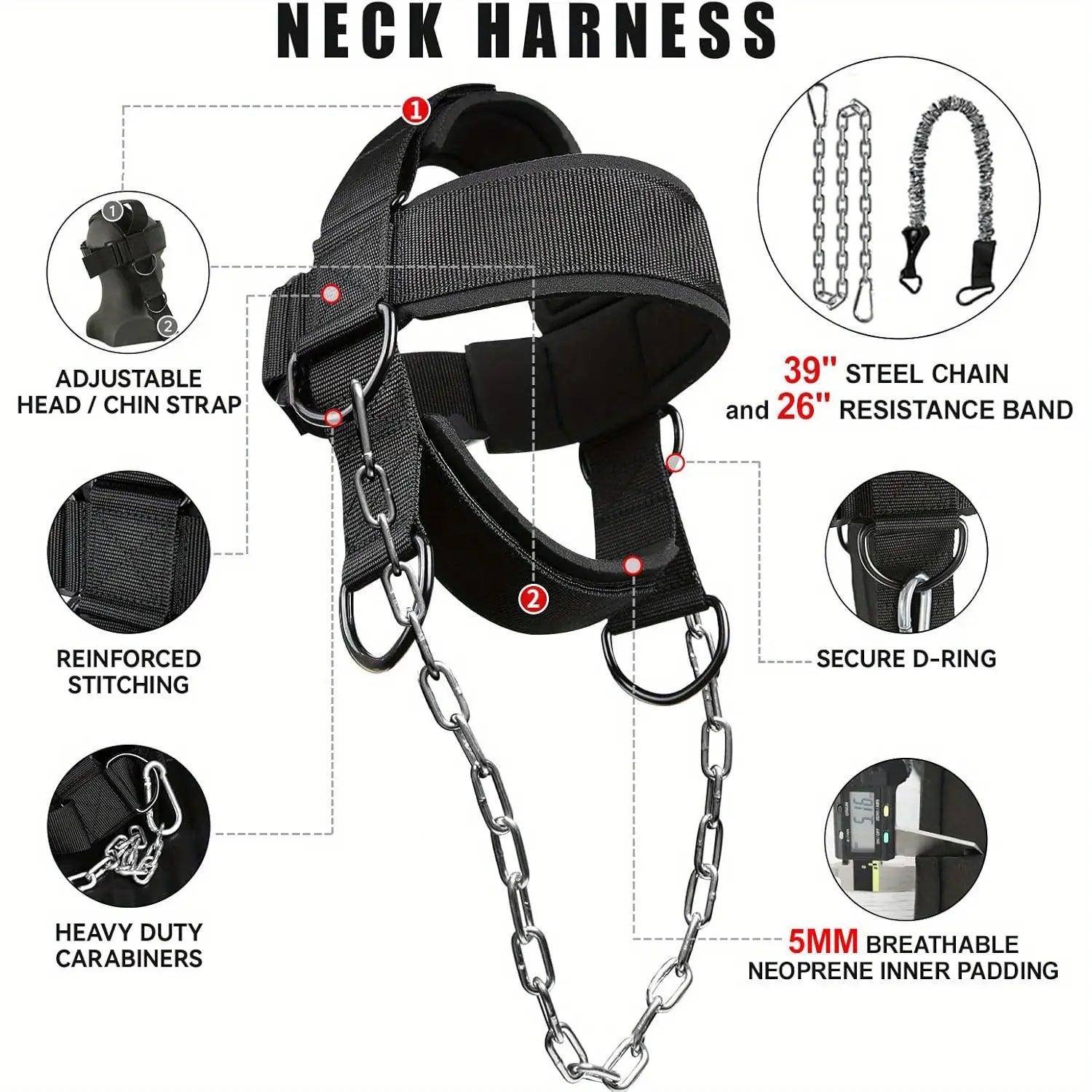 Heavy Duty Neck Trainer - Equipped with 30Inch Chains, 280 Lbs Weight Capacity, Adjustable Head Strap with Nylon Rope and Carabiner - Suitable for Gym, MMA, Weightlifting, Physical Training - Neck Strength Training Equipment, MMA Sports Gear,
