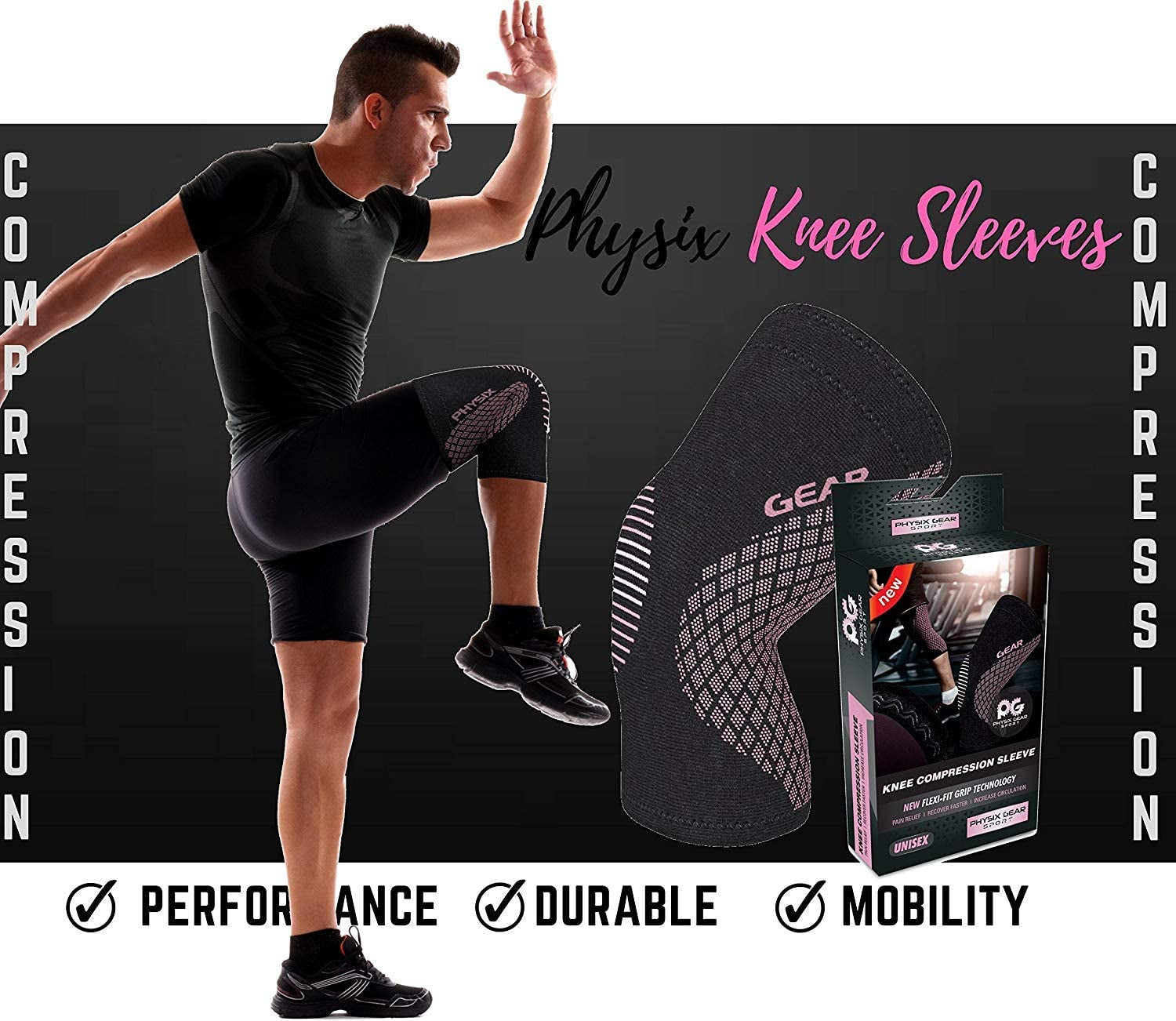 Physix Gear Knee Compression Sleeve for Men & Women - Best Compression Knee Brace for Walking, Running, Gym, Basketball, Weightlifting,Workout, Sports - Knee Sleeves Support Compression & Stability