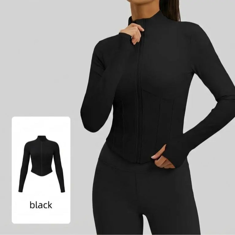 Xelle Women'S Full Zip Slim Fit Running Jacket - Stand Collar Workout Crop Top with Thumbholes and Contoured Ribbed Detail for Yoga & Gym